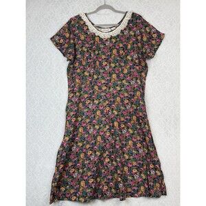 Vtg Floral Tea Dress 16 Lace Peter Pan Collar Cottage Grandma Modest Twee Grunge